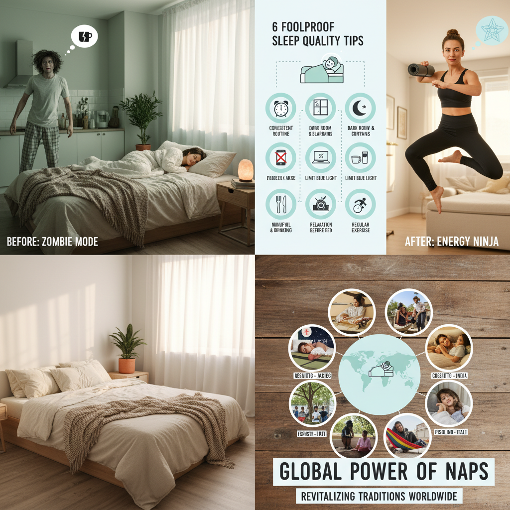 A humorous depiction of a person transforming from a tired 'zombie mode' state to an energetic 'energy ninja' after improving sleep habits.