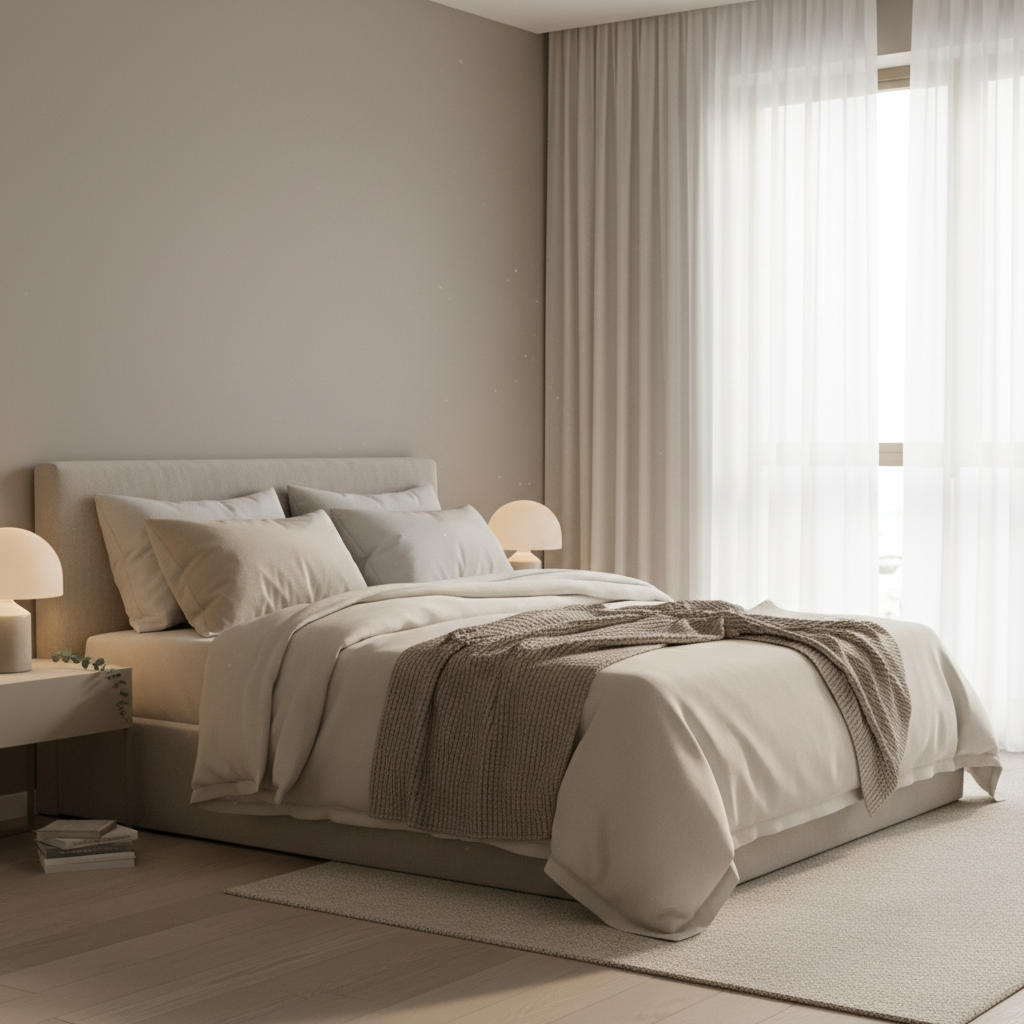 An infographic-style image illustrating 6 foolproof sleep quality tips: consistent routine, dark room with blackout curtains, limiting blue light exposure, mindful eating and drinking, relaxation before bed, and regular exercise.