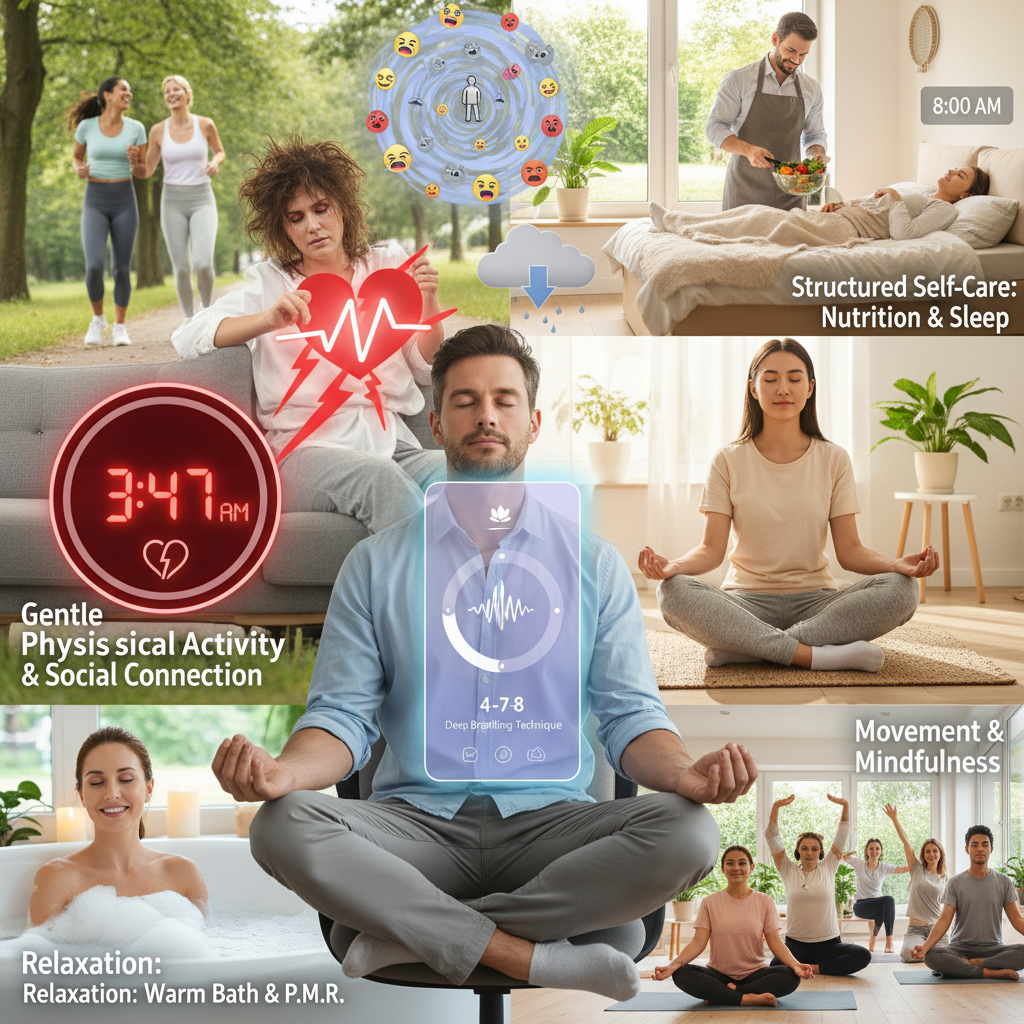 A vibrant scene illustrating multiple stress management activities: gentle physical activity (walking/yoga/dancing), social connection (friends chatting), structured self-care (sleep, nutrition), and relaxation techniques (warm bath or progressive muscle relaxation).