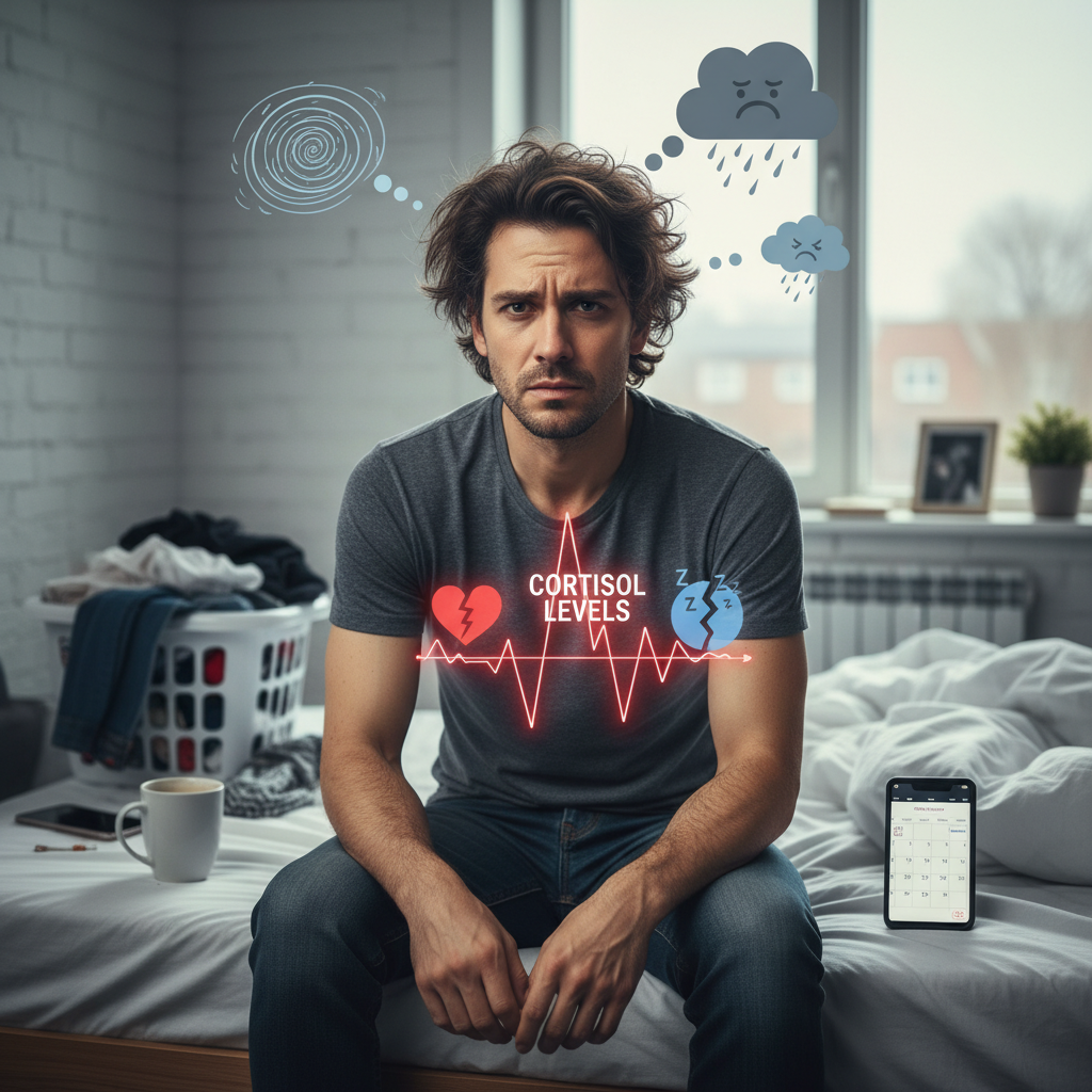 Illustration representing the impact of chronic stress on body and mind, showing elevated cortisol levels affecting heartbeat, sleep, and mood.