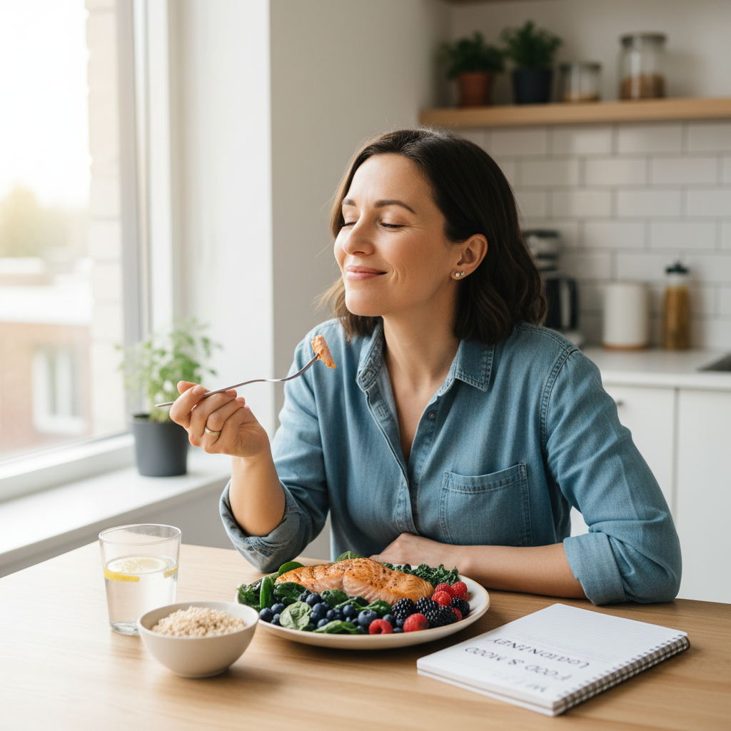 A comforting kitchen scene where someone is preparing a balanced plate with lean proteins, complex carbs, and healthy fats, alongside probiotic-rich foods like yogurt and kimchi, representing tips for incorporating mood-boosting foods into daily life.