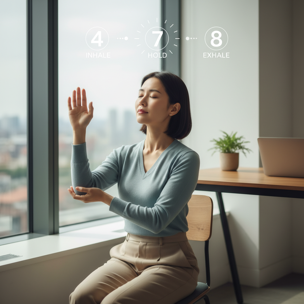 Visual depiction of mindfulness and meditation, featuring a calm person meditating with peaceful surroundings and an app interface like Headspace or Calm visible.