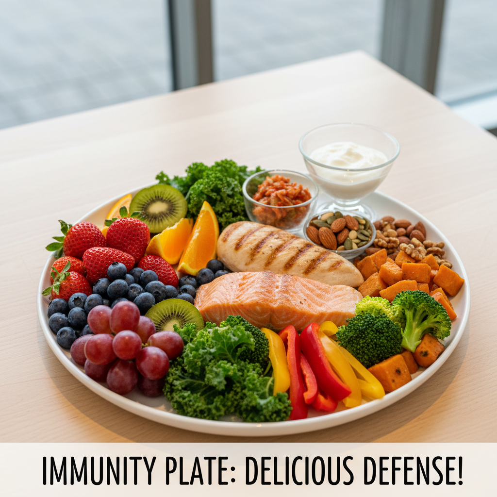 A vibrant, colorful illustration of a variety of fresh fruits, vegetables, lean proteins, nuts, and fermented foods arranged on a plate to represent a nutrient-packed, balanced diet that boosts immunity.