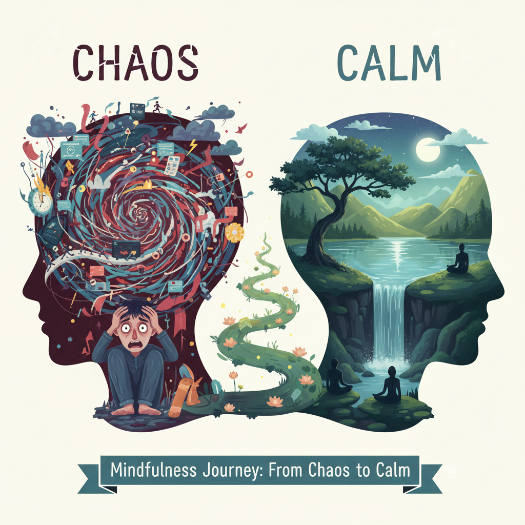 A friendly, approachable character (like an uncle) giving practical mindfulness tips with everyday scenes such as brushing teeth, walking, or petting a dog, highlighting mindfulness in daily life.