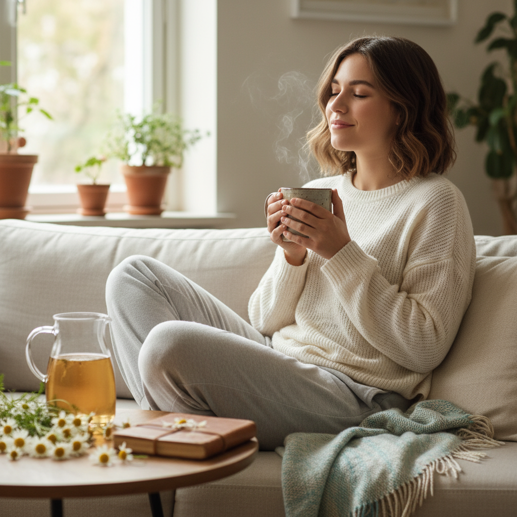 A step-by-step visual guide of the easy homemade chamomile tea recipe, featuring ingredients like dried chamomile flowers, boiling water, honey, lemon, and the steeping process
