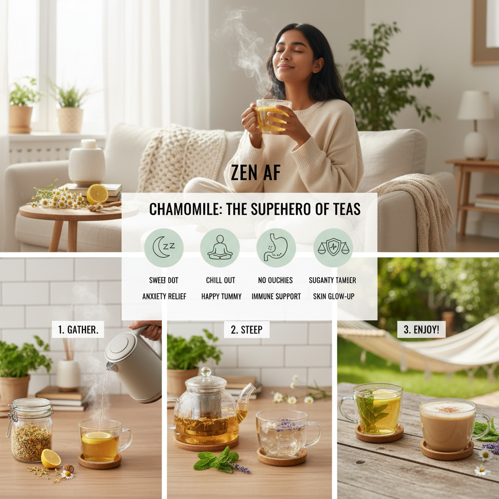 A cozy scene showing a person relaxing with a steaming cup of homemade chamomile tea, surrounded by chamomile flowers and a calm, peaceful setting