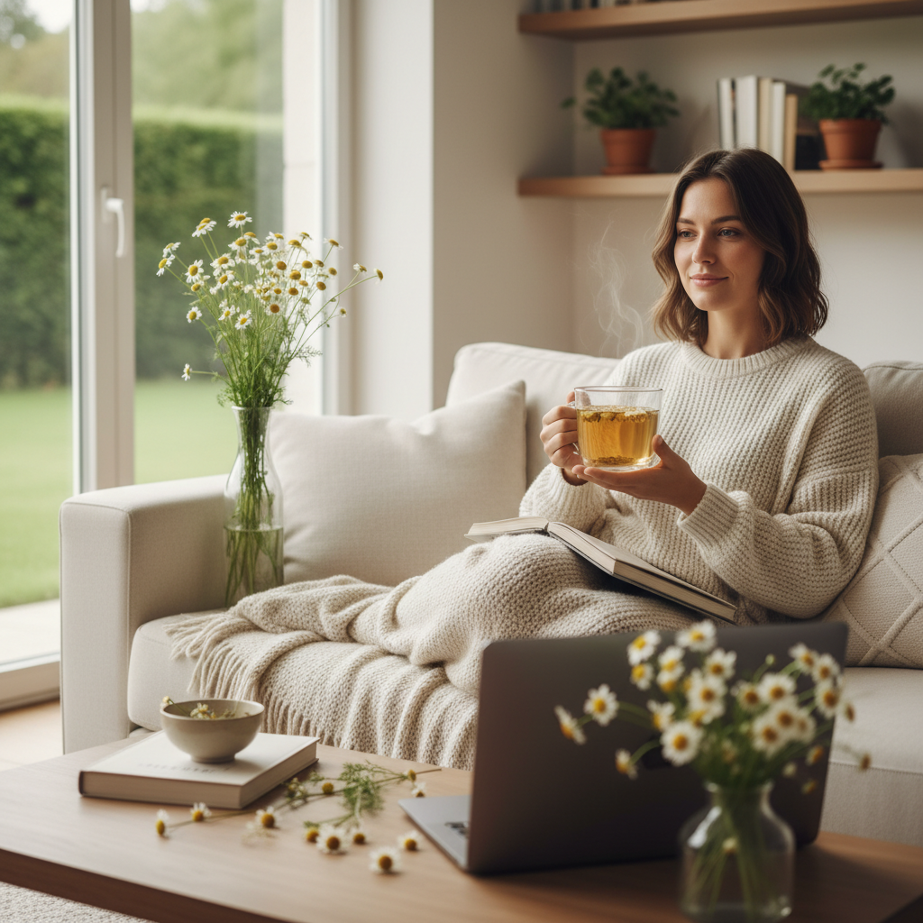 An informative illustration showing the health benefits of chamomile tea, including icons for sleep, anxiety relief, digestion, anti-inflammation, heart health, blood sugar regulation, immune support, and skin soothing