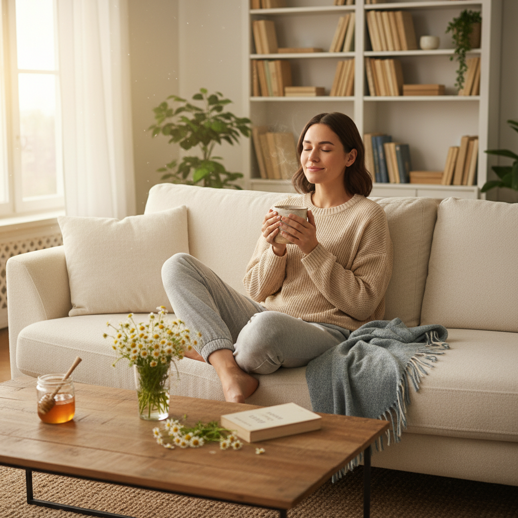 Various optional chamomile tea variations displayed, such as chamomile tea with fresh mint or lavender, creamy milk addition, and iced chamomile tea served in a refreshing summer setting