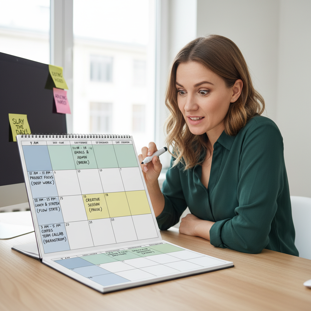 Illustration of a person scheduling their day with a calendar and time blocks labeled for different tasks, showing focus periods and breaks.