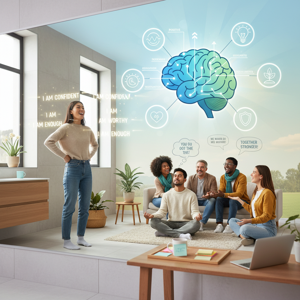 A cozy scene of a person using affirmations in daily life: writing affirmations on sticky notes, meditating with calm breathing, and sharing affirmations with friends, showing a routine for lasting confidence growth.