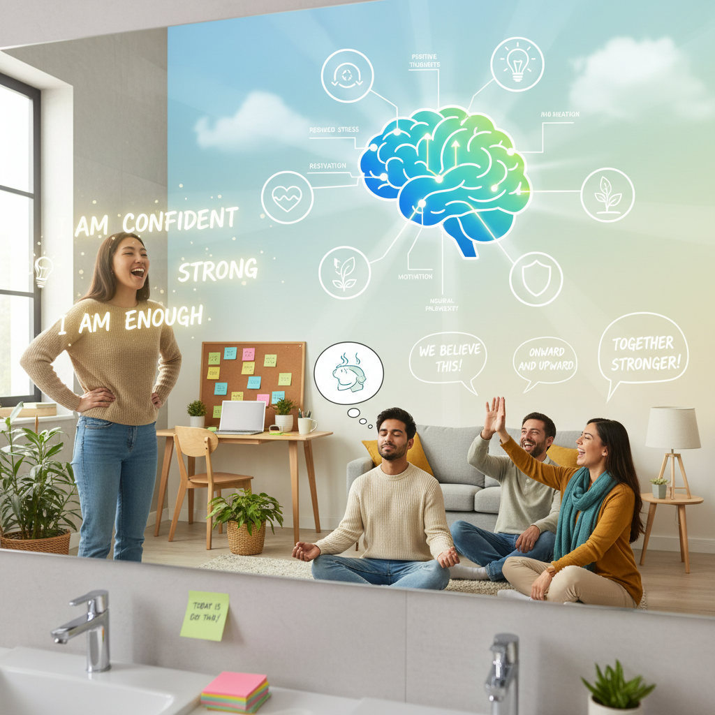 A vibrant infographic style image showing the brain with highlighted pathways activated by affirmations, surrounded by calming elements like reduced stress icons and motivation symbols.