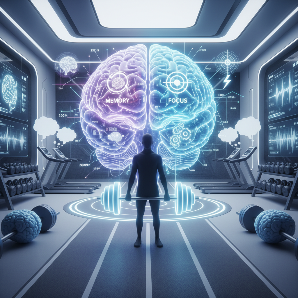 A dynamic scene showing people engaging in various brain-boosting activities such as jogging, eating healthy foods like berries and nuts, solving puzzles, sleeping peacefully, meditating, and socializing with friends.