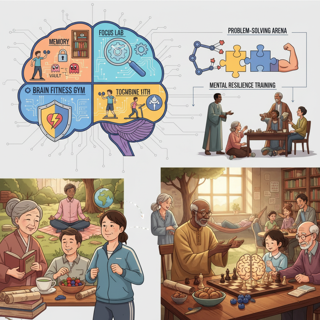 An illustration of a vibrant, active brain performing multitasking activities with elements symbolizing memory, focus, and mental agility, styled like a brain fitness gym.