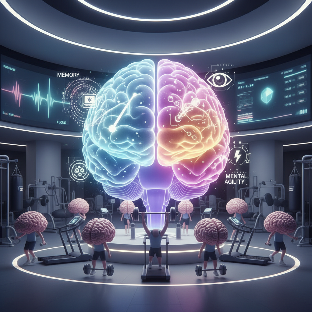 A visual representation of key cognitive fitness elements: memory exercises, focus, problem-solving, and mental resilience, depicted with playful icons like Pac-Man, a magnifying glass, a puzzle piece, and a robot shield.
