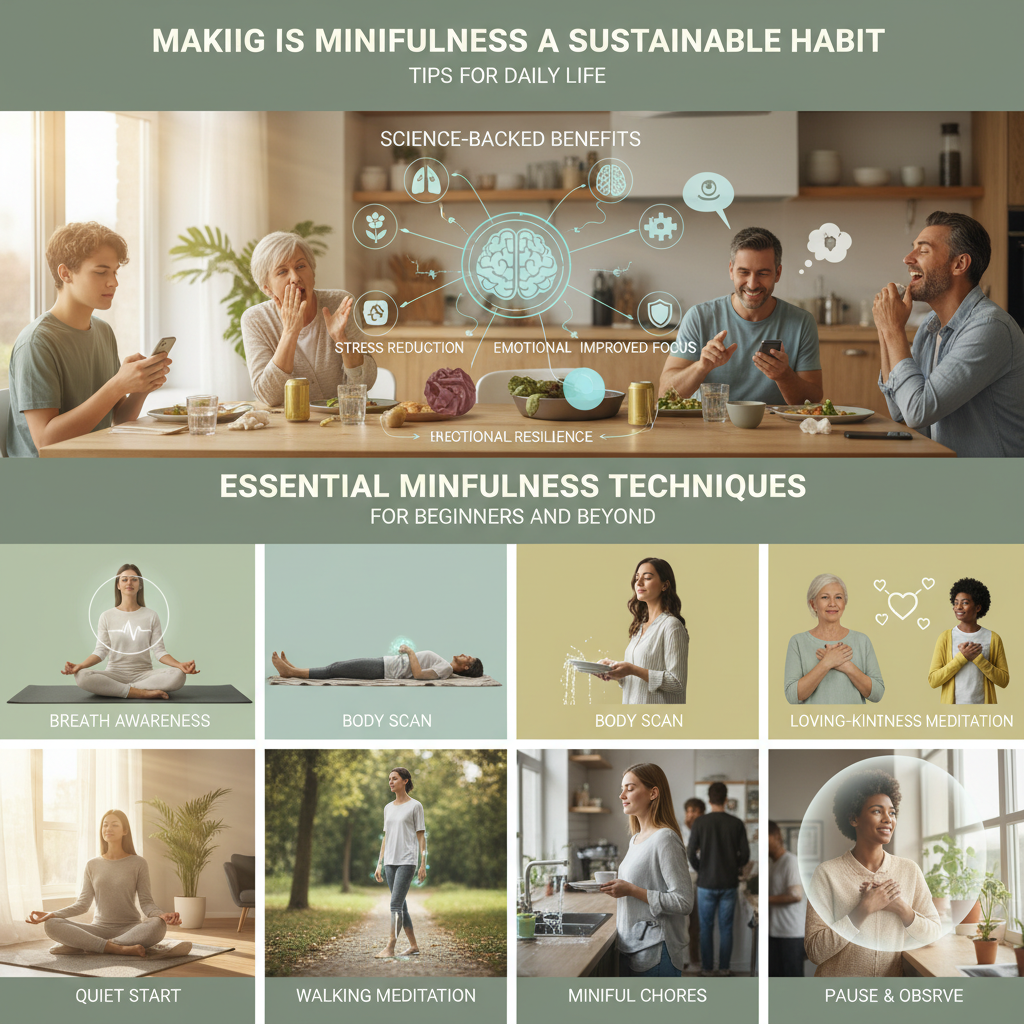 A visual guide for 'Essential Mindfulness Techniques for Beginners and Beyond' displaying different mindfulness practices such as breath awareness, body scan, walking meditation, and loving-kindness meditation.