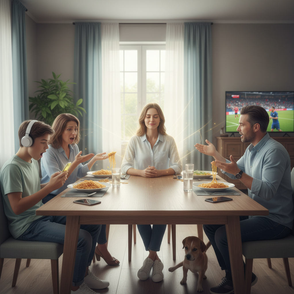 An illustration representing 'What Is Mindfulness?' showing a person calmly focusing amidst a busy, distracting environment like a family dinner with phones and people talking.