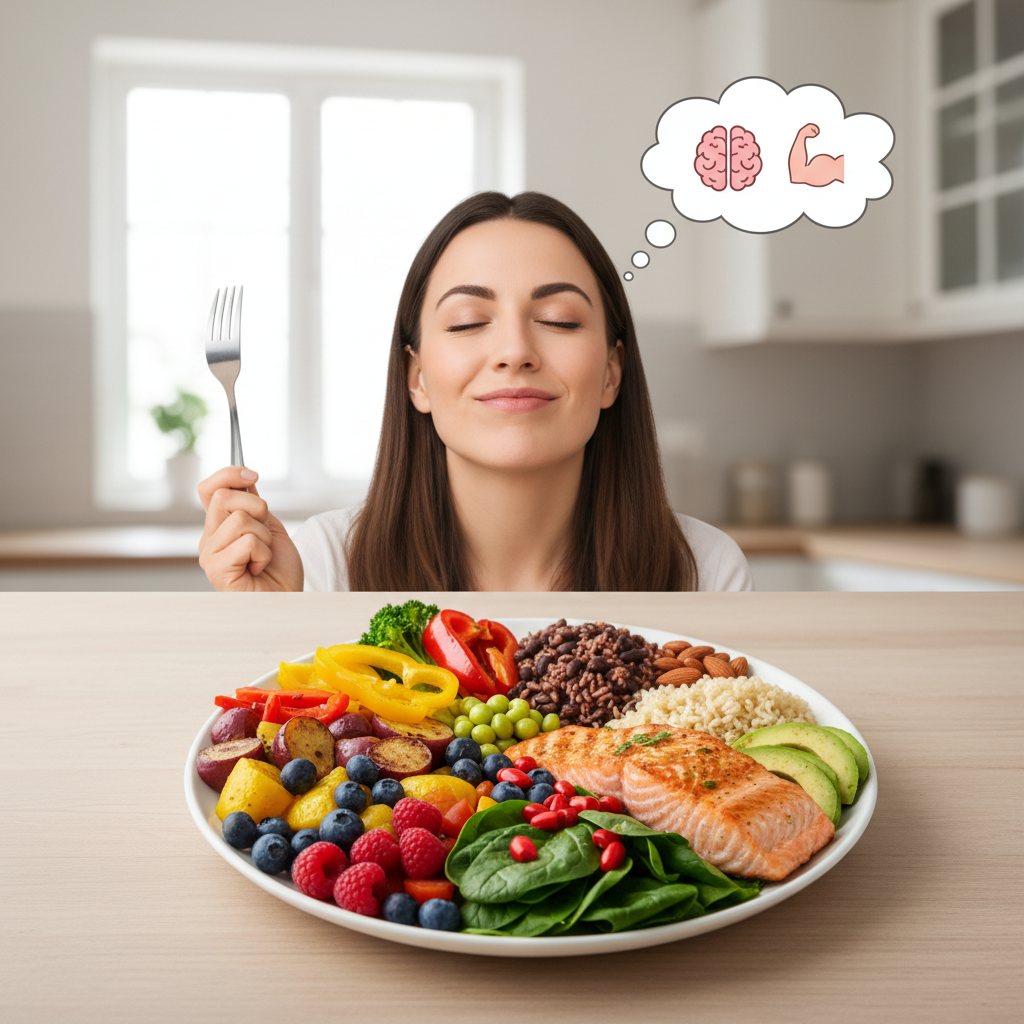 A colorful and vibrant plate featuring a balanced variety of whole foods including vegetables, fruits, lean proteins, whole grains, and healthy fats, symbolizing the concept of self-care nutrition nourishing body and mind.