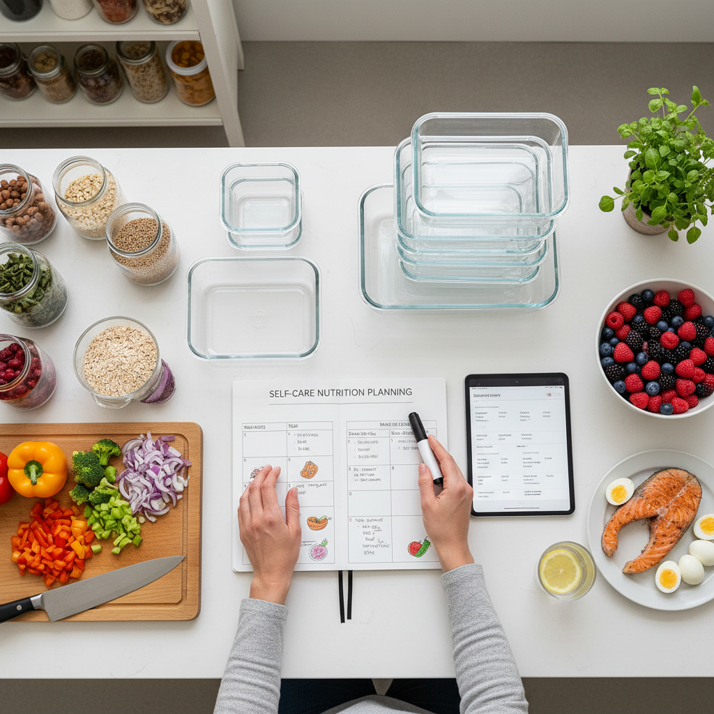 An organized flat lay of top self-care nutrition tips represented visually: a half plate filled with veggies and fruits, whole grains like oats and quinoa, quality protein sources such as fish and nuts, a glass of water, and symbols representing mindful eating.