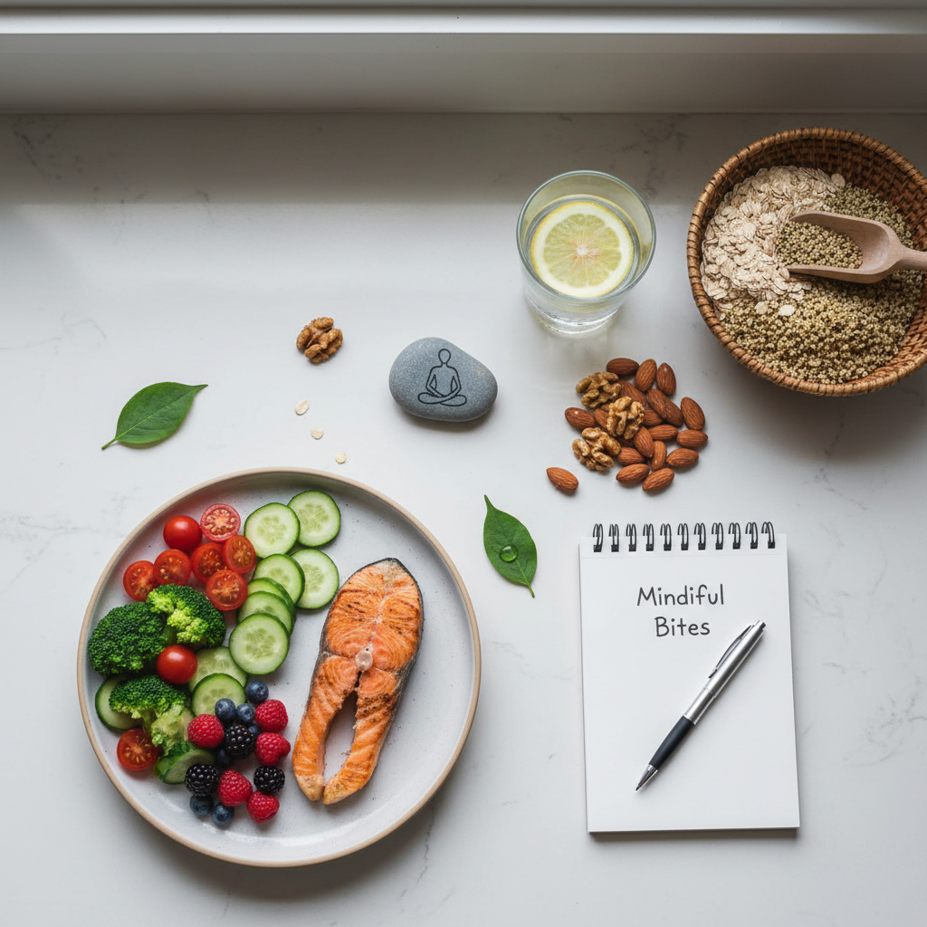 A grocery basket or kitchen counter filled with best foods for self-care nutrition: leafy greens like spinach and kale, fatty fish like salmon, berries, nuts and seeds, whole grains, avocados, and dark chocolate, showcasing natural, nutritious ingredients.