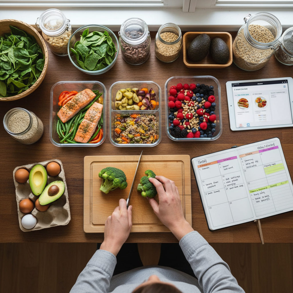 A calm and inviting meal preparation scene showing a person planning and prepping balanced meals with whole foods, including chopping vegetables and organizing containers, illustrating how to create a sustainable self-care nutrition plan.