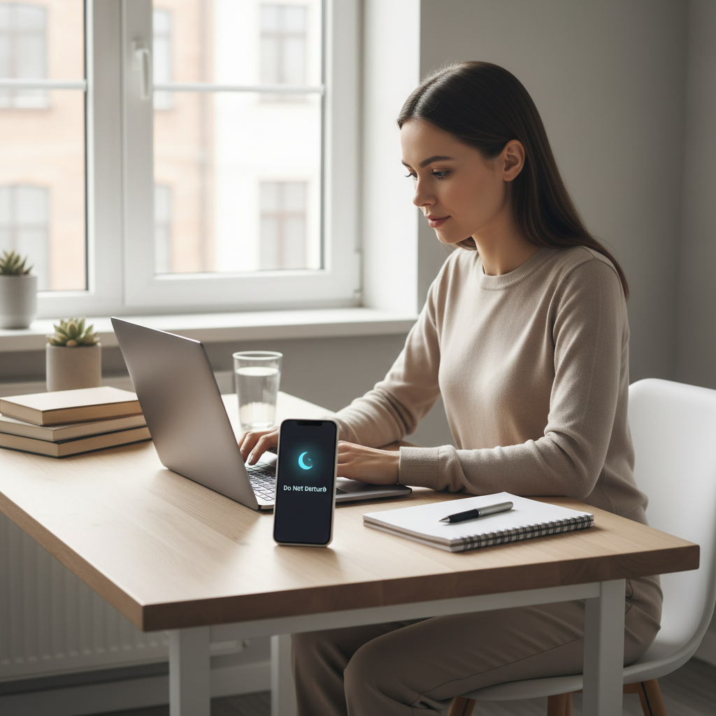 An illustration of a smartphone with a digital bouncer character blocking incoming notifications, calls, and alerts, symbolizing the concept of Do Not Disturb mode.