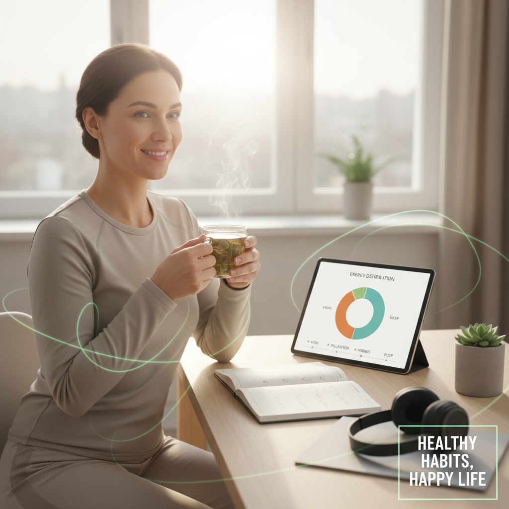 A collage depicting steps to create a healthy daily routine: consistent wake/sleep times, morning hydration and movement, regular meals and hydration, and incorporating physical activity.