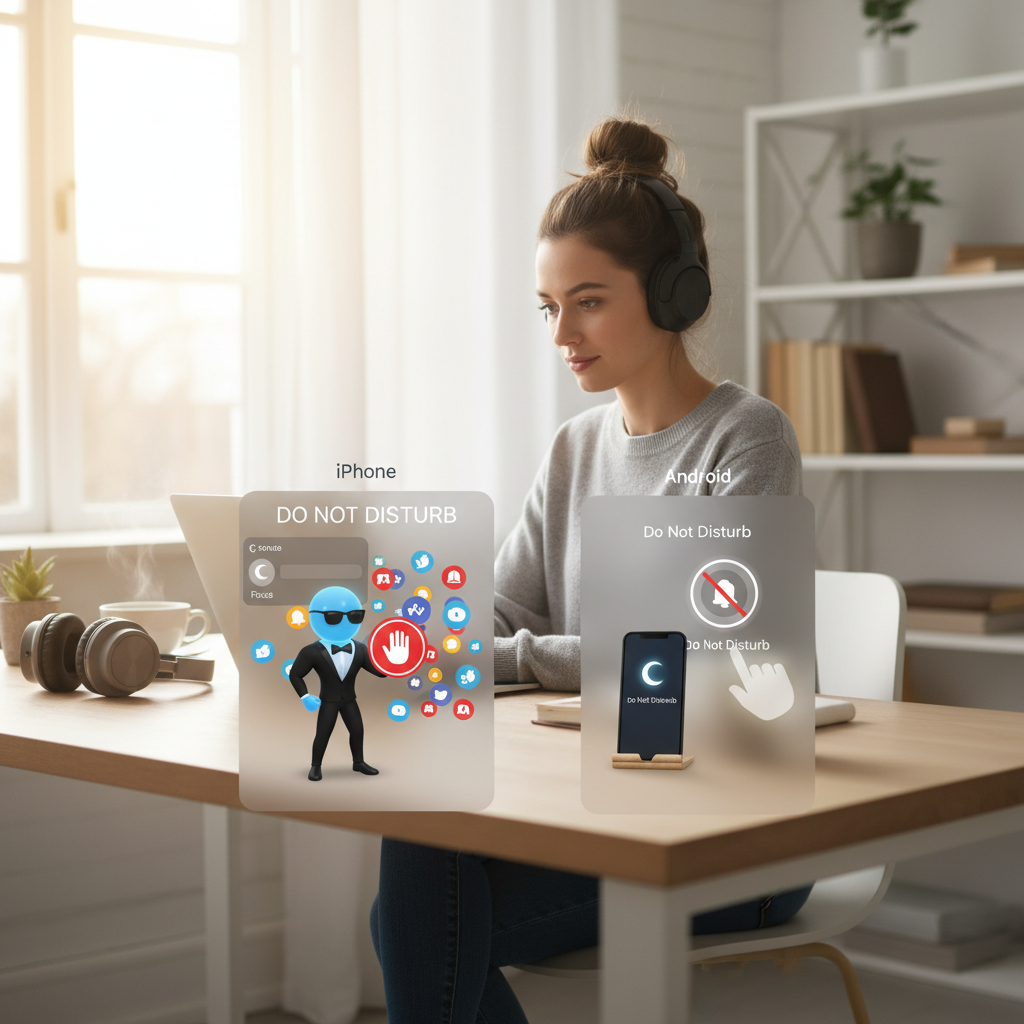 A side-by-side comparison image showing how to activate Do Not Disturb mode on an iPhone (crescent moon icon in control center) and Android device (Do Not Disturb icon in quick settings).