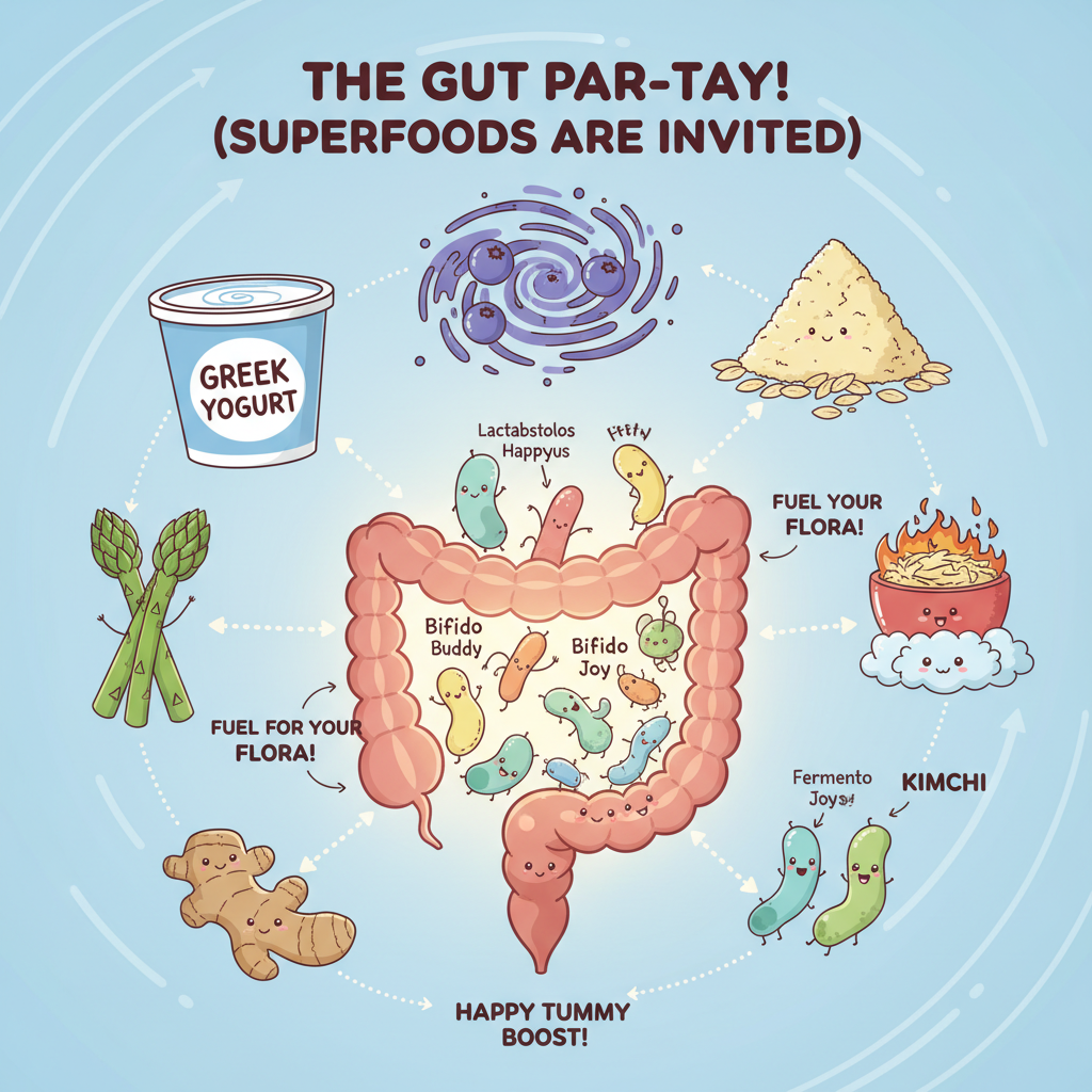 A cozy kitchen scene showing the author’s daily routine of incorporating superfoods: preparing a kefir smoothie with oats and blueberries, enjoying kimchi with dinner, and brewing ginger tea.