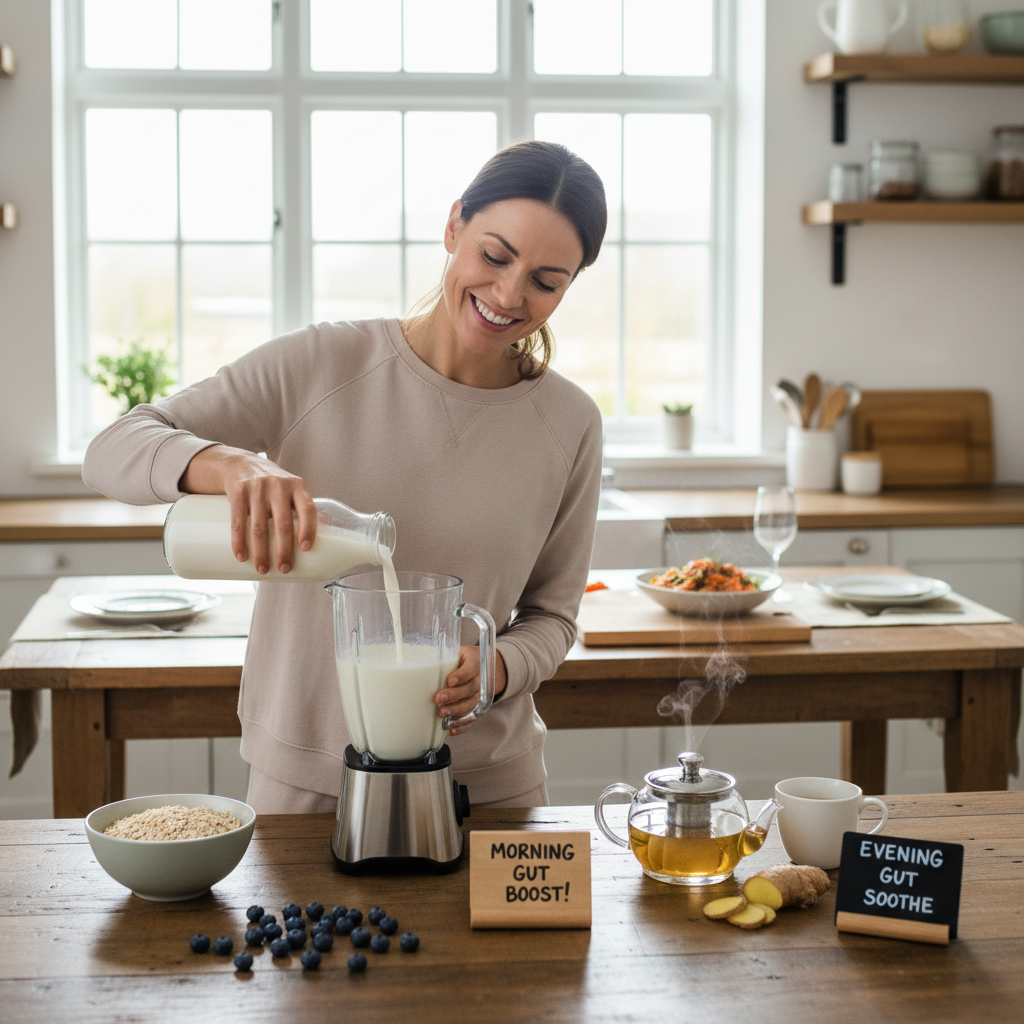 A vibrant, colorful spread of the top 7 superfoods for gut health, including yogurt, kefir, oats, asparagus, ginger, blueberries, and fermented vegetables like sauerkraut and kimchi.