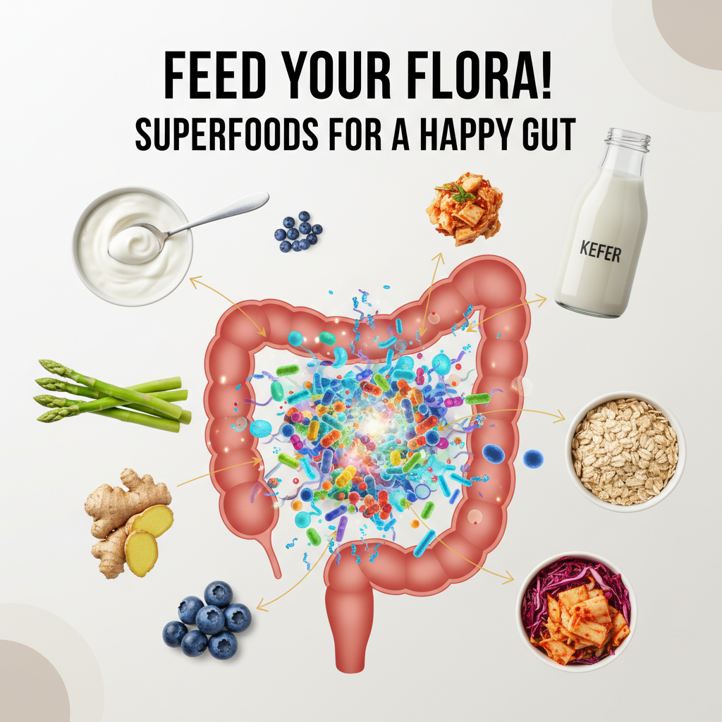 Illustration of a healthy gut microbiome with diverse beneficial bacteria and superfoods surrounding it, highlighting the importance of superfoods for gut health.