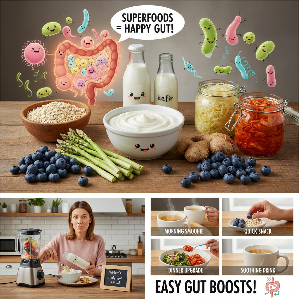 Creative visuals demonstrating easy ways to incorporate superfoods into diet: smoothies, snacks, meals, and drinks, emphasizing simplicity and gut health benefits.