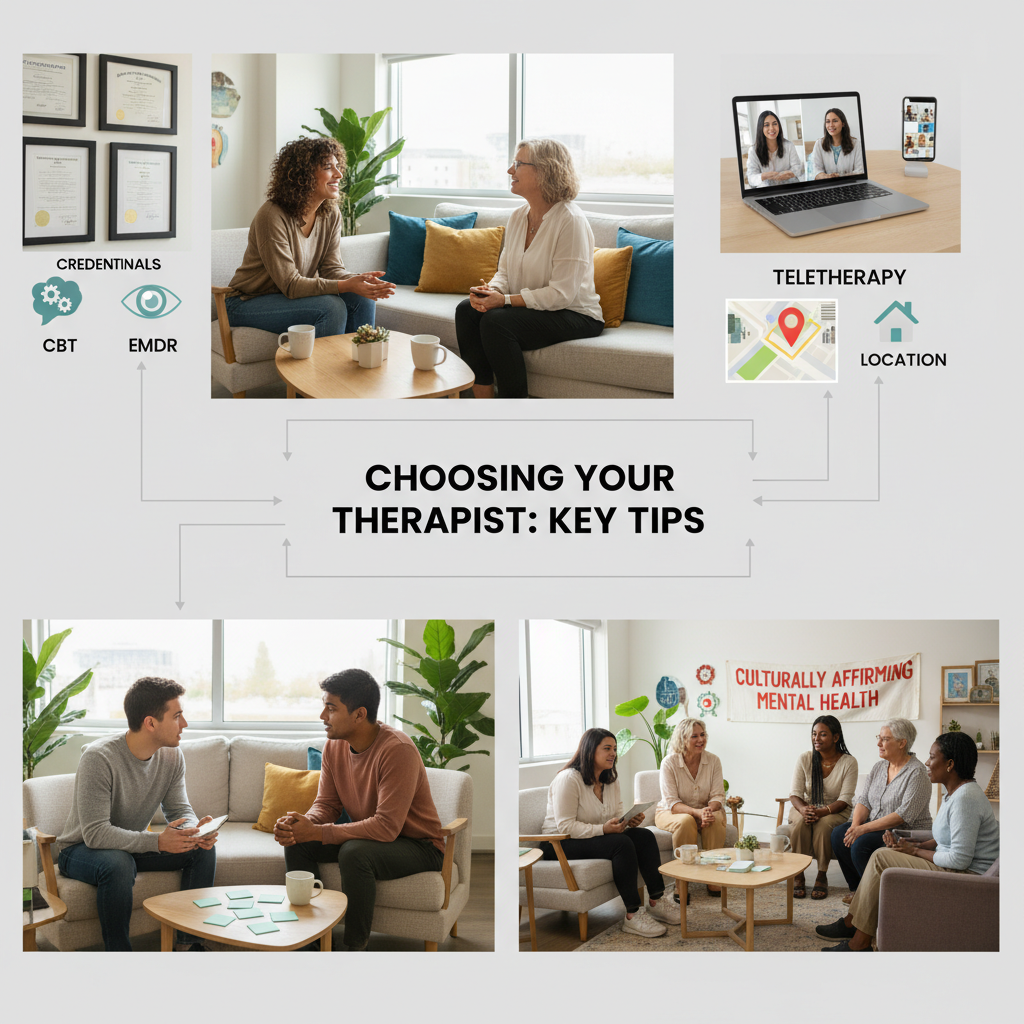 Illustration of a person happily connecting with a therapist in a warm, safe environment, symbolizing the importance of finding the right therapeutic relationship.