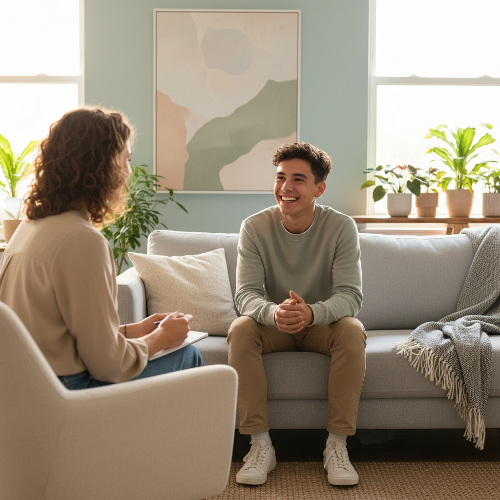 Diverse group of therapists and clients highlighting cultural competence and inclusivity, emphasizing culturally relevant and affirming mental health care.