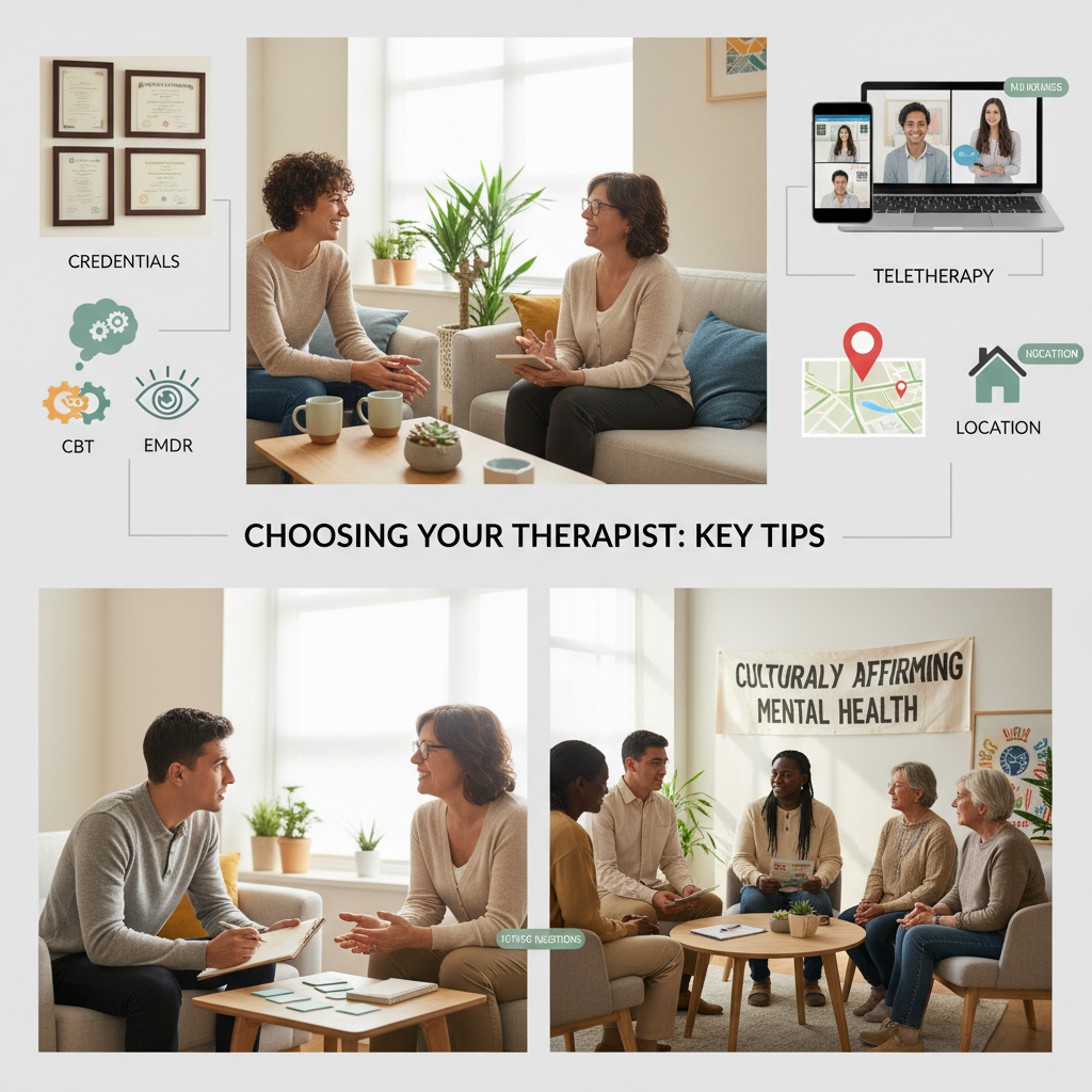 A visual collage showing key tips for choosing a therapist: credentials certificates, therapy approaches (like CBT and EMDR symbols), and logistics such as location and teletherapy devices.