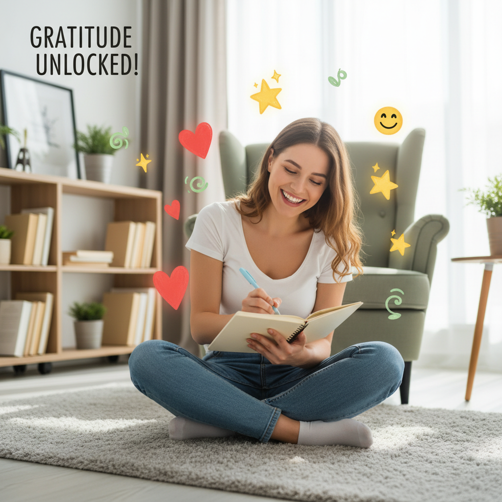 A collage-style image representing the top benefits of gratitude journaling: increased happiness and optimism (sunshine and smiling faces), reduced stress and anxiety (calm and peaceful expressions), improved sleep quality (person sleeping peacefully), and enhanced physical health (healthy heart and body).
