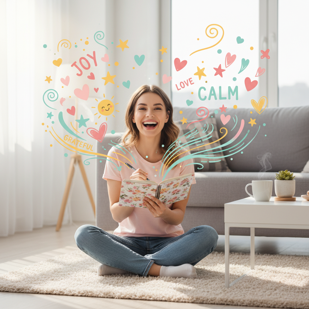 An illustration showing a person happily writing in a gratitude journal, surrounded by positive symbols like hearts, stars, and smiley faces, representing the importance of gratitude journaling for mental health.