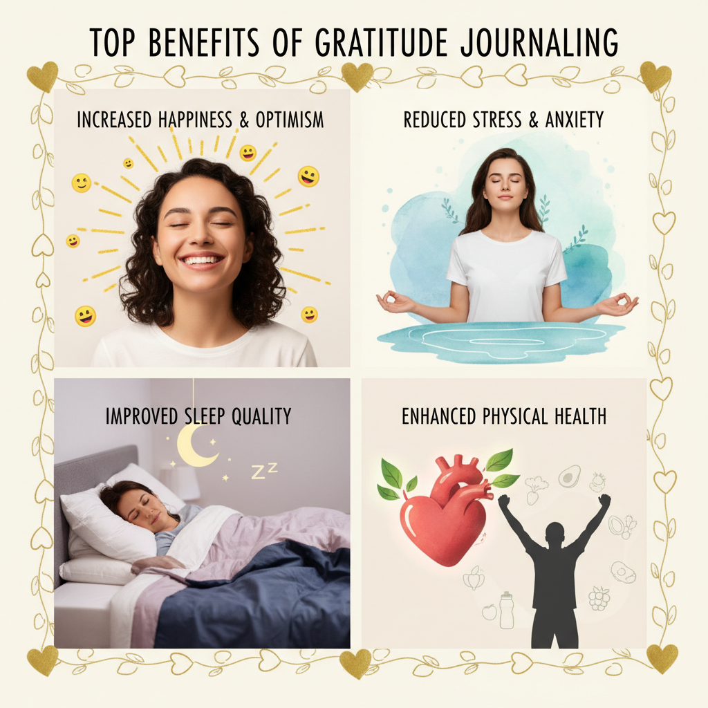 A visual explanation of what gratitude journaling is: a simple notebook or app with bullet points listing things to be grateful for, such as a morning coffee or kind words, emphasizing simplicity and positivity.