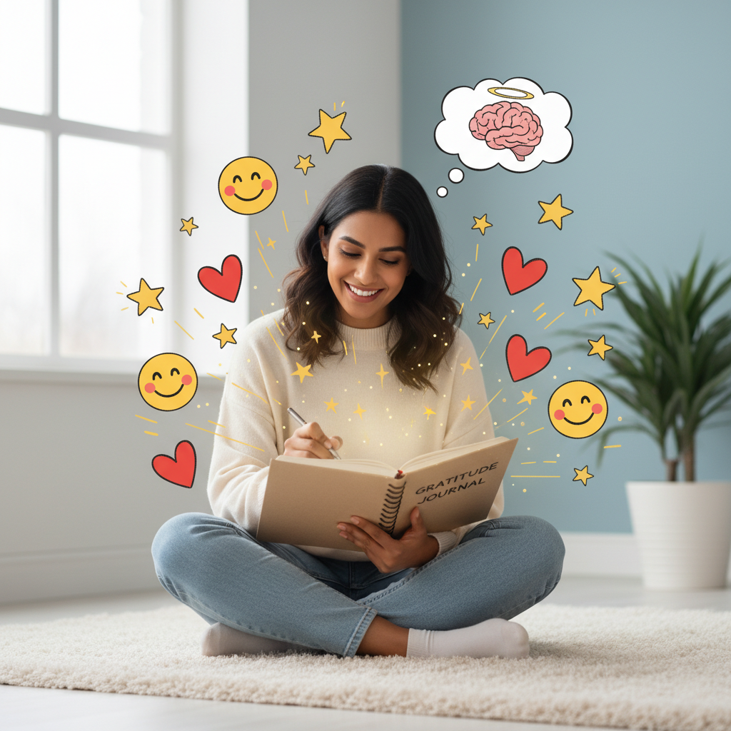 A cozy scene showing someone starting their gratitude journal at home, with a notebook, pen, calming surroundings, and prompts to guide their writing, illustrating how to start and maintain the habit.