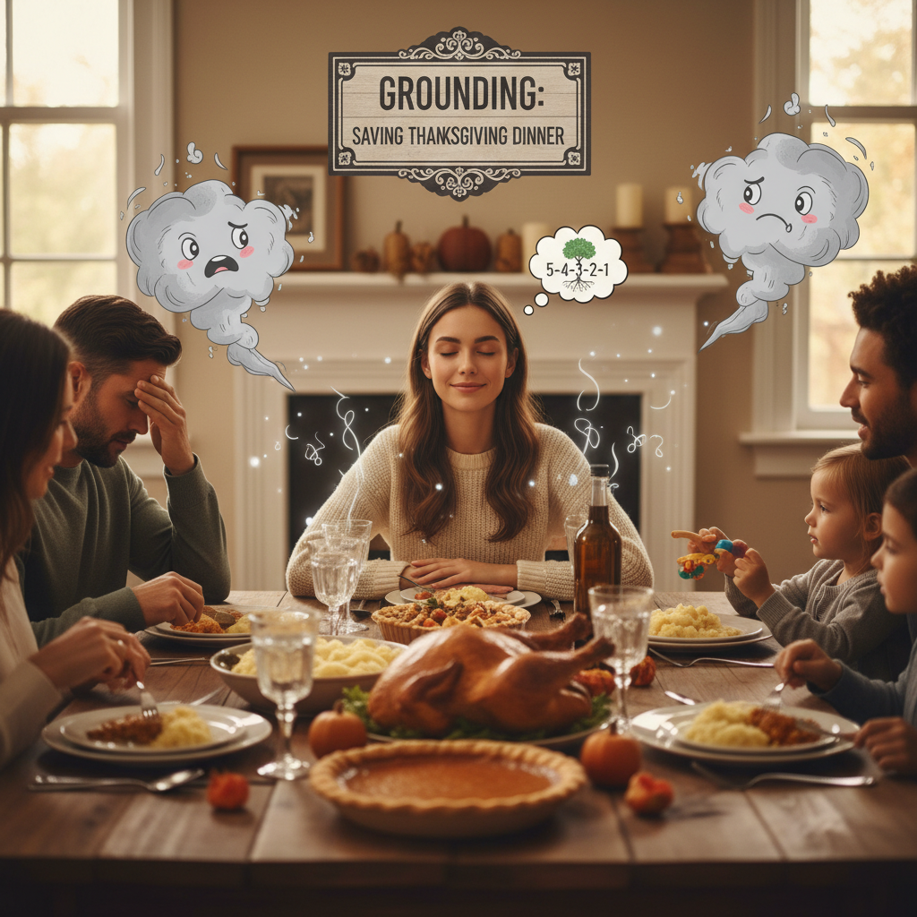 An illustration of a calm brain surrounded by swirling anxious thoughts being soothed by grounding exercises, symbolizing the brain's chill pill effect.