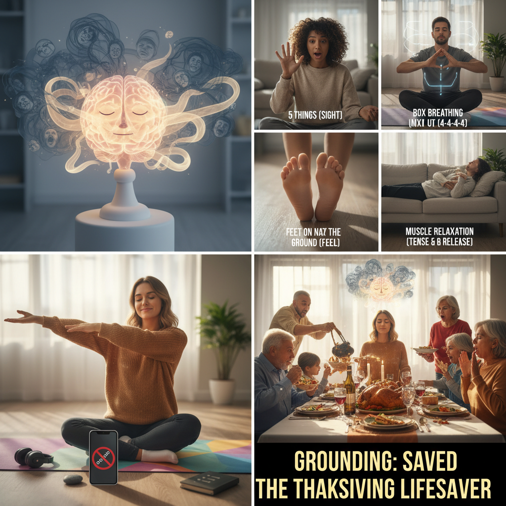 A series of easy grounding exercises depicted visually: a person noticing five things around them, practicing box breathing, feeling their feet on the ground, and relaxing muscles progressively.