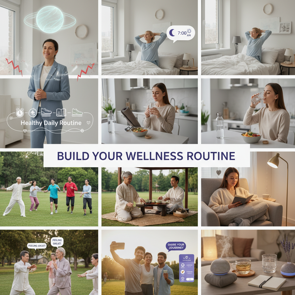 An illustration showing a calm, organized person with balanced energy levels and reduced stress, highlighting the benefits of a healthy daily routine.