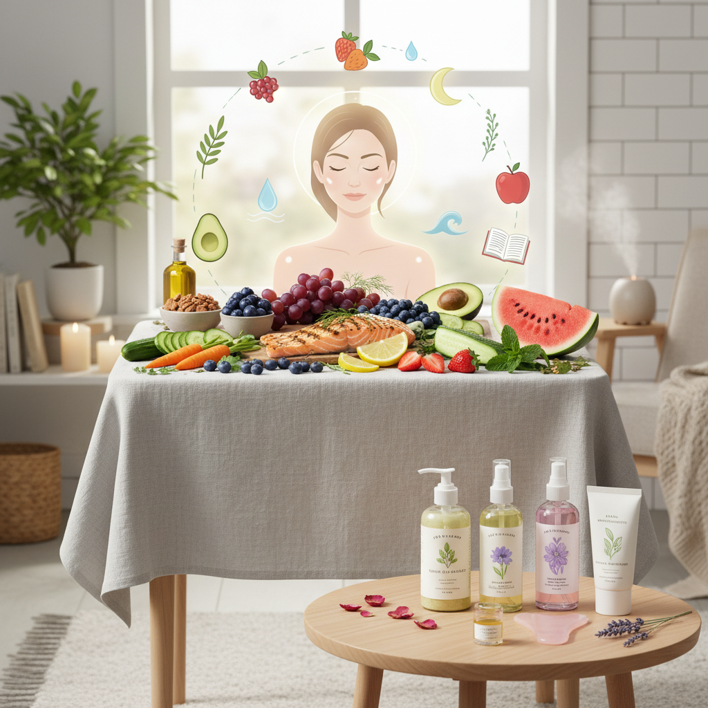 An illustration showing the concept of holistic skin health, depicting a person with glowing skin surrounded by natural elements like fruits, vegetables, and calming symbols, emphasizing inner and outer care.