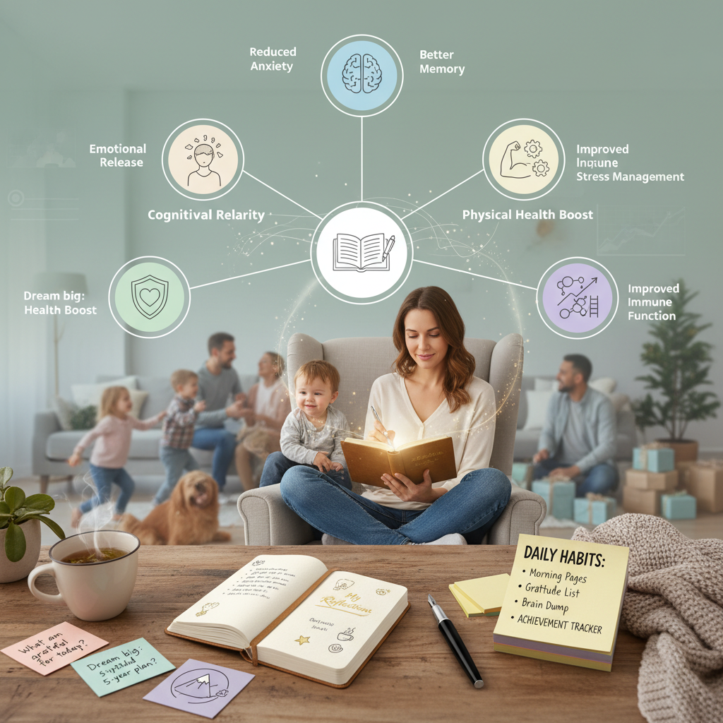 A creative infographic depicting the key benefits of journaling: emotional release, cognitive clarity, physical health boost, and self-improvement, using symbolic icons.