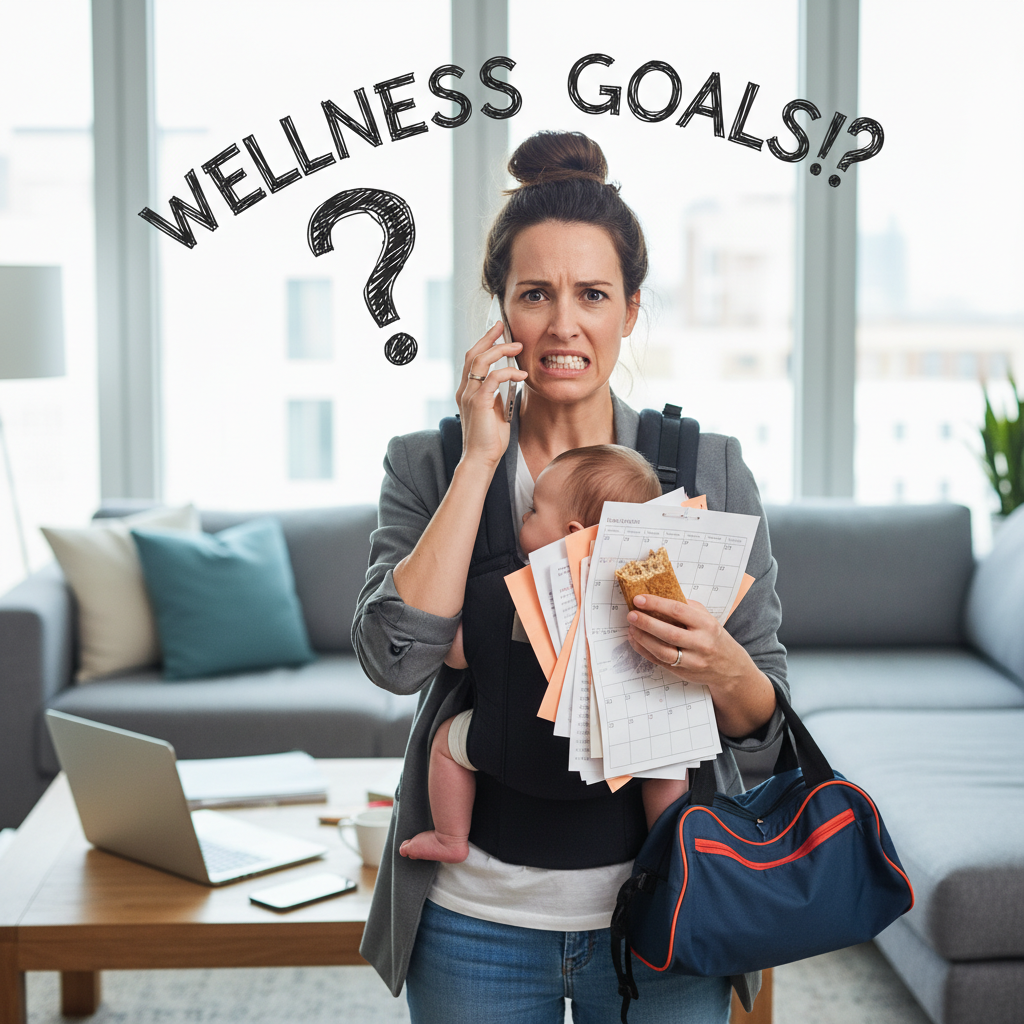 A motivating image of small, manageable wellness activities such as a woman doing a quick 10-minute workout at home, preparing simple nutritious meals, and drinking water regularly.