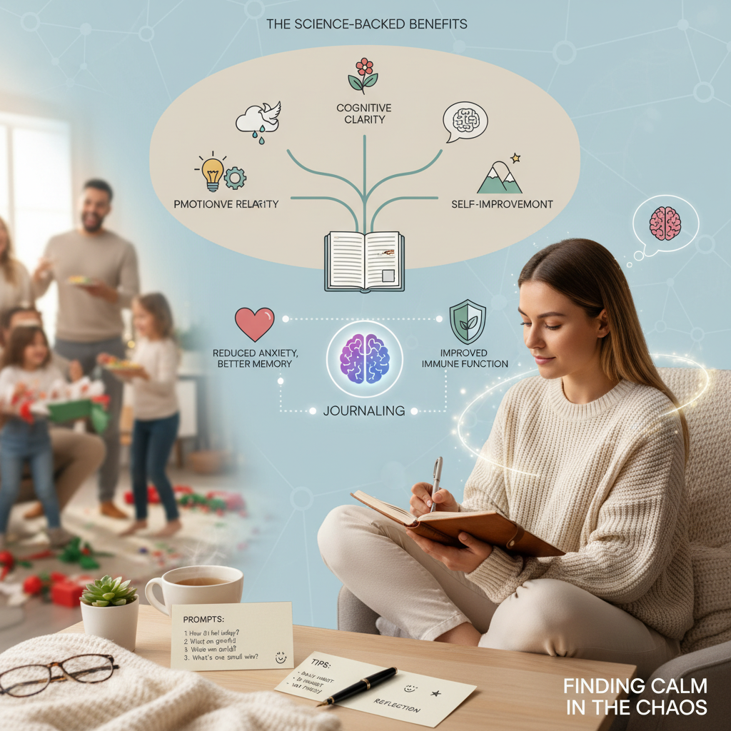 A cozy, inviting journaling setup with tips visually represented: a journal, pen, prompts, bullet points, drawings, and reflection notes to inspire effective journaling habits.
