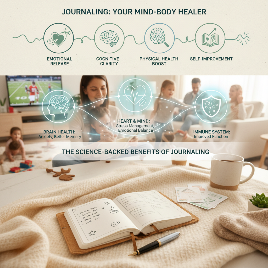 An illustration of a peaceful person writing in a journal during a busy family gathering or holiday chaos, symbolizing journaling as a mind-body healer.