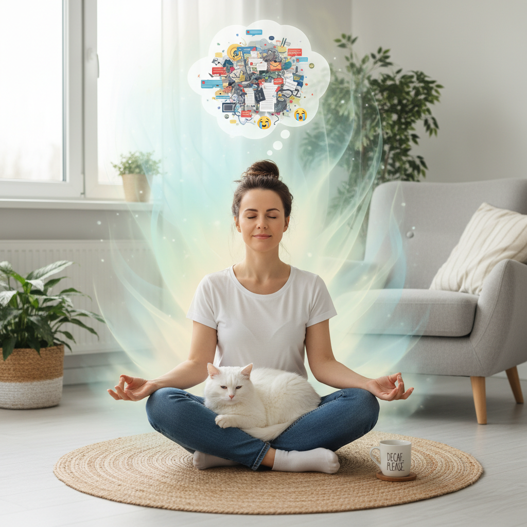 Visual depicting daily mental health habits like physical activity, good sleep, nutritious eating, and mindfulness practice in a balanced lifestyle setting.