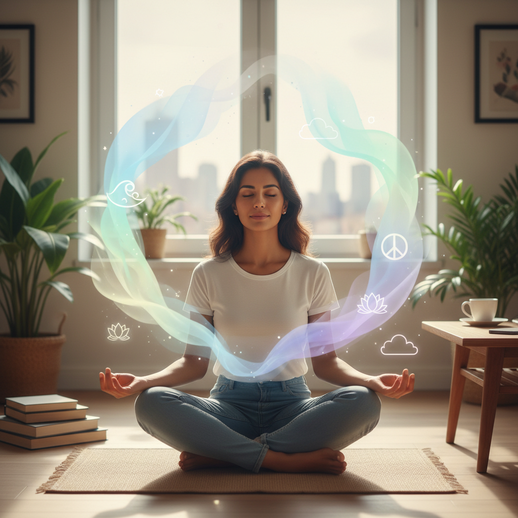 Illustration representing the importance of mental health self-care, such as a person meditating or calming their mind surrounded by soothing colors.