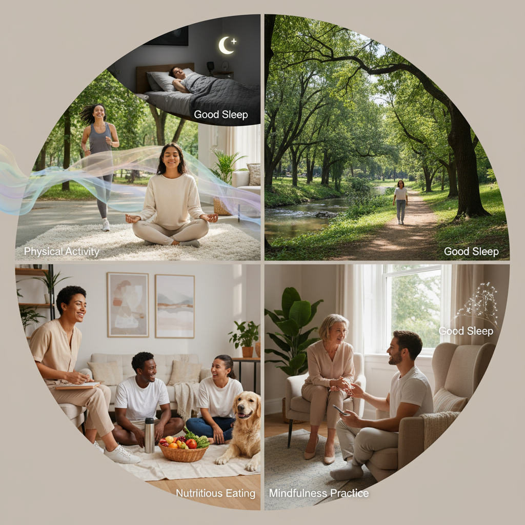 Image showing social connection and nature, for example, friends gathering outdoors or someone enjoying a walk in a green park.