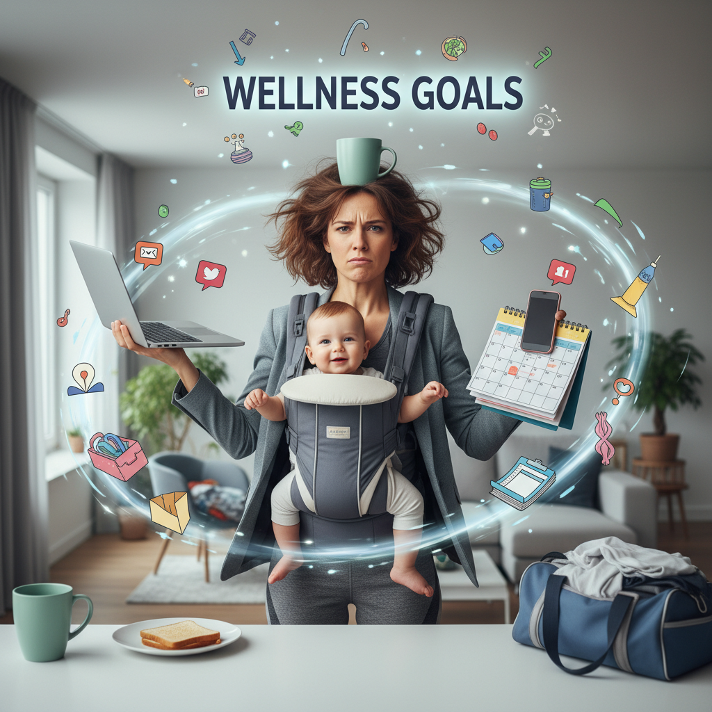 An illustration showing a busy woman juggling work, family, and social events, looking stressed but determined, representing the challenge of setting wellness goals.